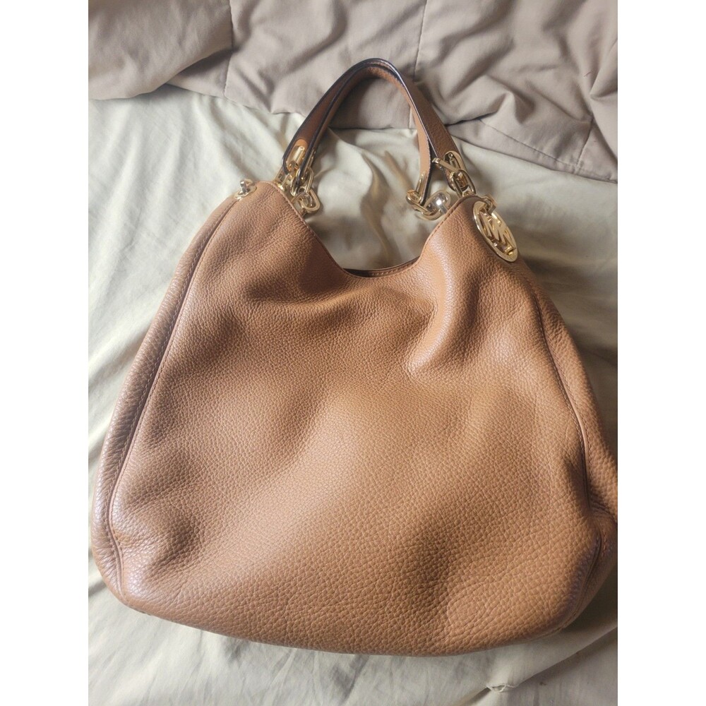 Michael Kors Fulton Large Acorn Brown Leather Shoulder Bag Gold Chain 30H3GFTE3L